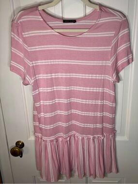 Sweet Claire Pink White Striped Ruffle Hem Peplum Top Shirt Blouse Women’s Large